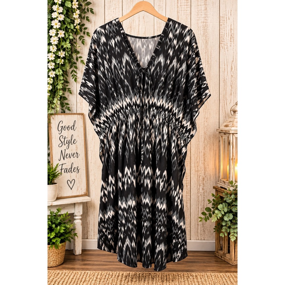 Studio West Black White Ikat Kaftan Tunic Top Dress Empire Waist Large